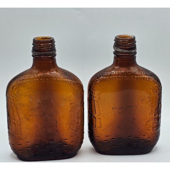 Pair Vtg Half Pint Embossed Colonial Graphics Brown Whiskey Bottle  Federal Law - Picture 5 of 10